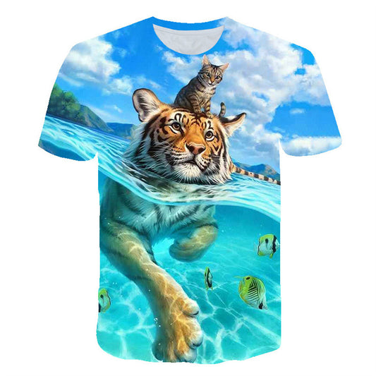 3D Digital Print Round Neck Short Sleeve Animal Pattern T-shirt